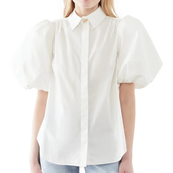 Aje Tops - NWOT. Aje shirt with puff sleeves, collared neck, gold tone button. Never worn.